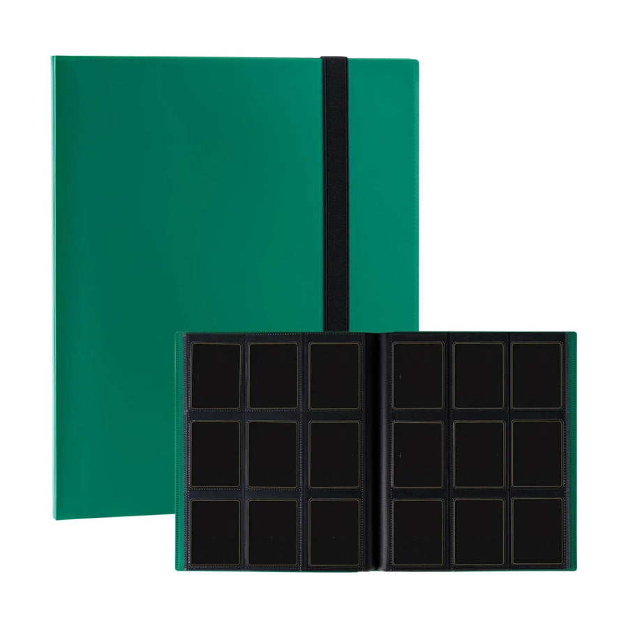 9-pocket card binder, green cover with elastic strap, open on a double page of pockets