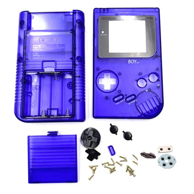 Coque complète Game Boy DMG bleu transparent, façade, dos, cache-piles, boutons et pads présentés à plat