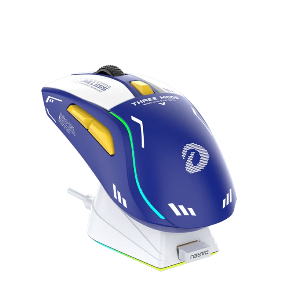 Souris sans-fil dareu A950 bleu vue avec station de recharge blanche