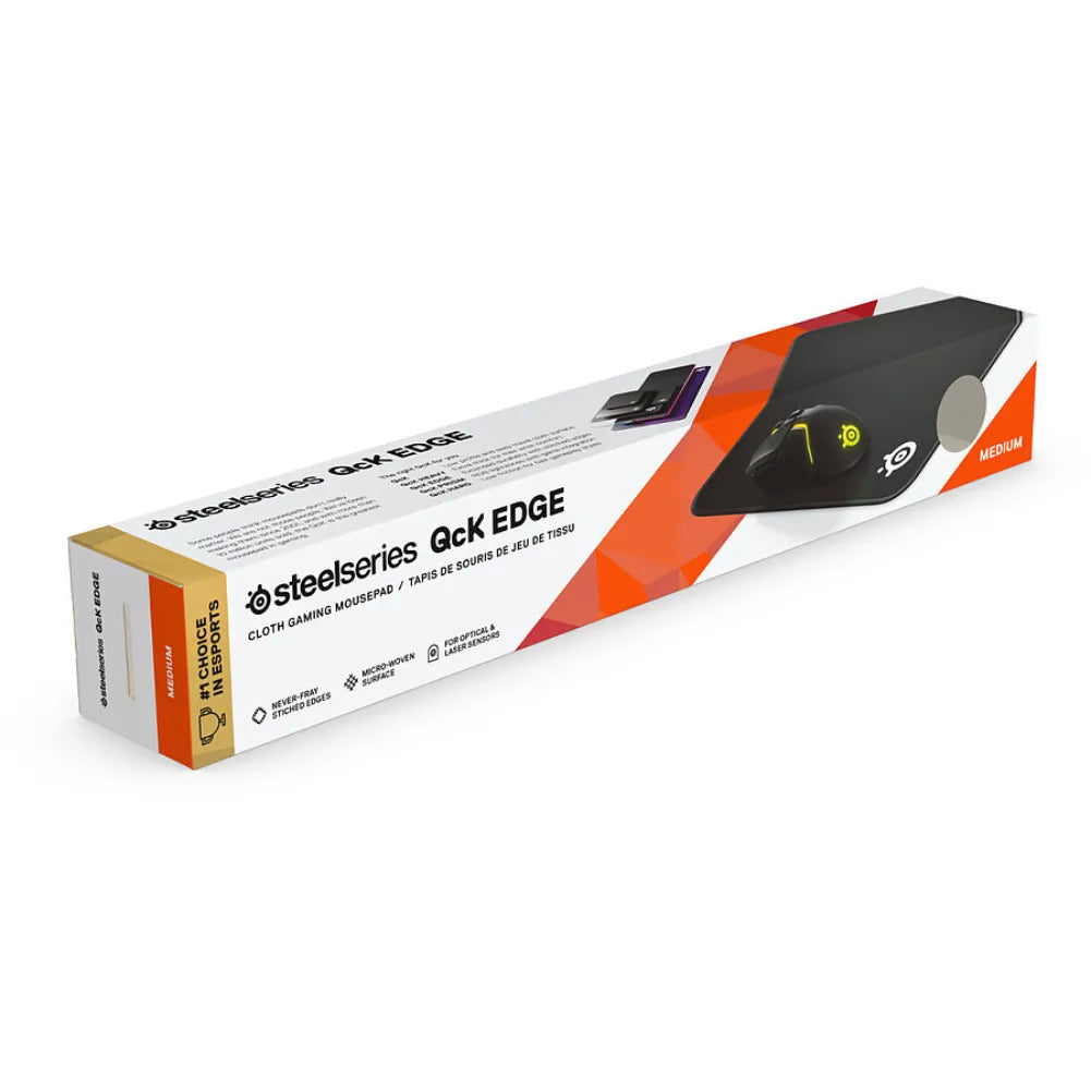 SteelSeries QcK Edge M gaming mouse pad packaging, featuring durable stitched edges for enhanced longevity.