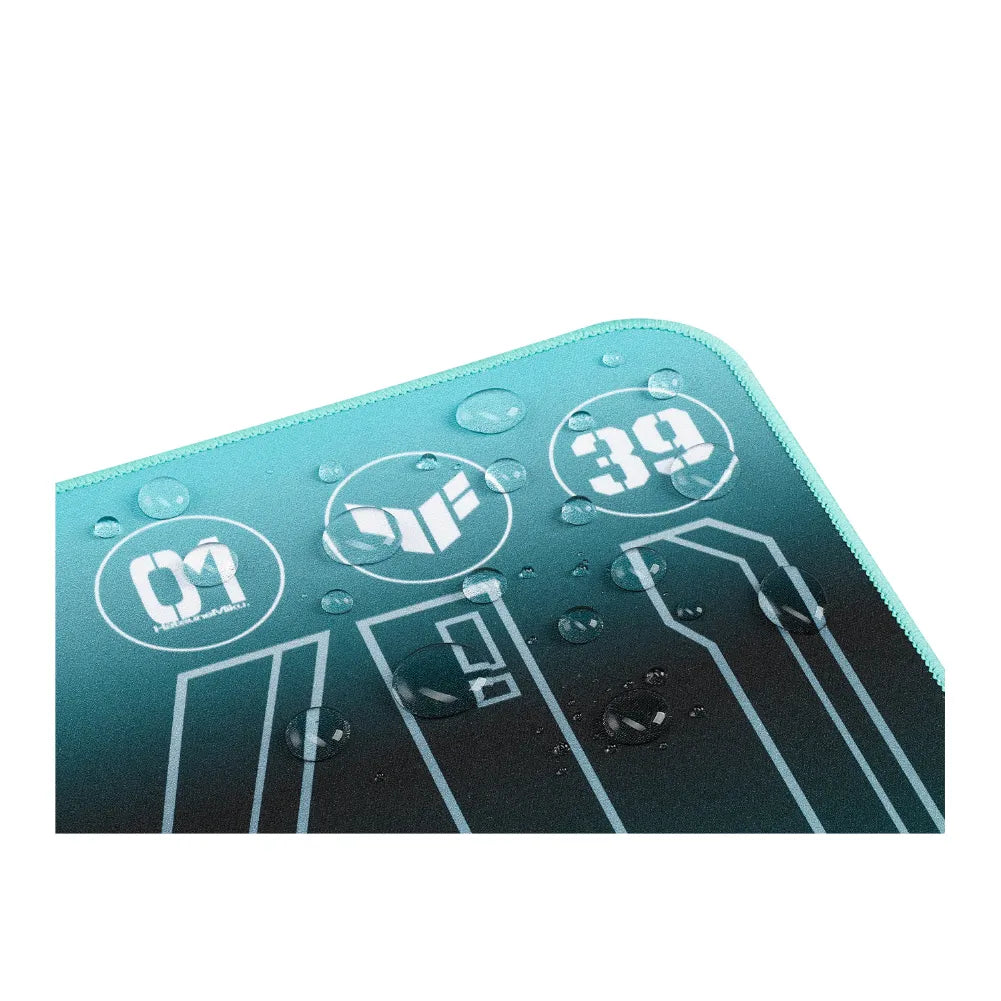 Close-up of TUF Gaming P1 Hatsune Miku mouse pad showing water-resistant surface and detail design.