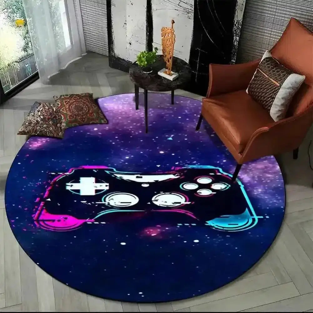 Tapis de sol gamer rond placé sous une chaise de gaming