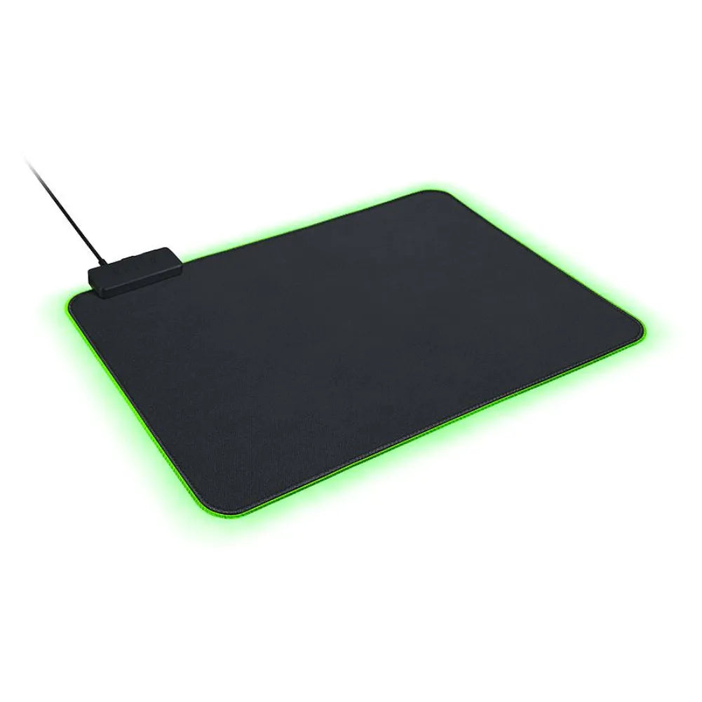 Razer Goliathus Chroma M RGB gaming mouse pad with green lighting, compact design for enhanced control.