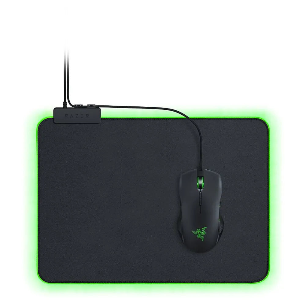 Razer Goliathus Chroma M gaming mouse pad with RGB lighting and Razer mouse on top.