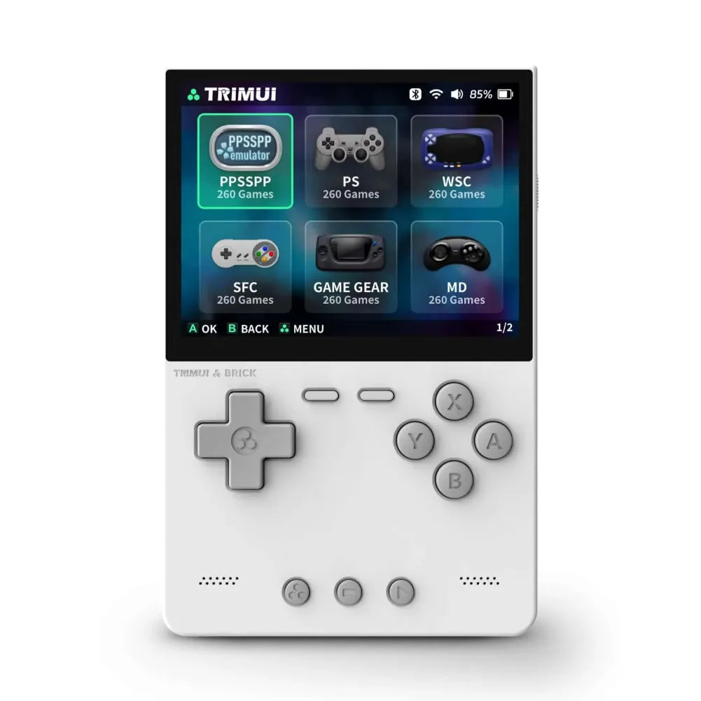 Image de la TRIMUI Brick, console portable avec écran IPS 3,2’’ et menus de jeux rétro.