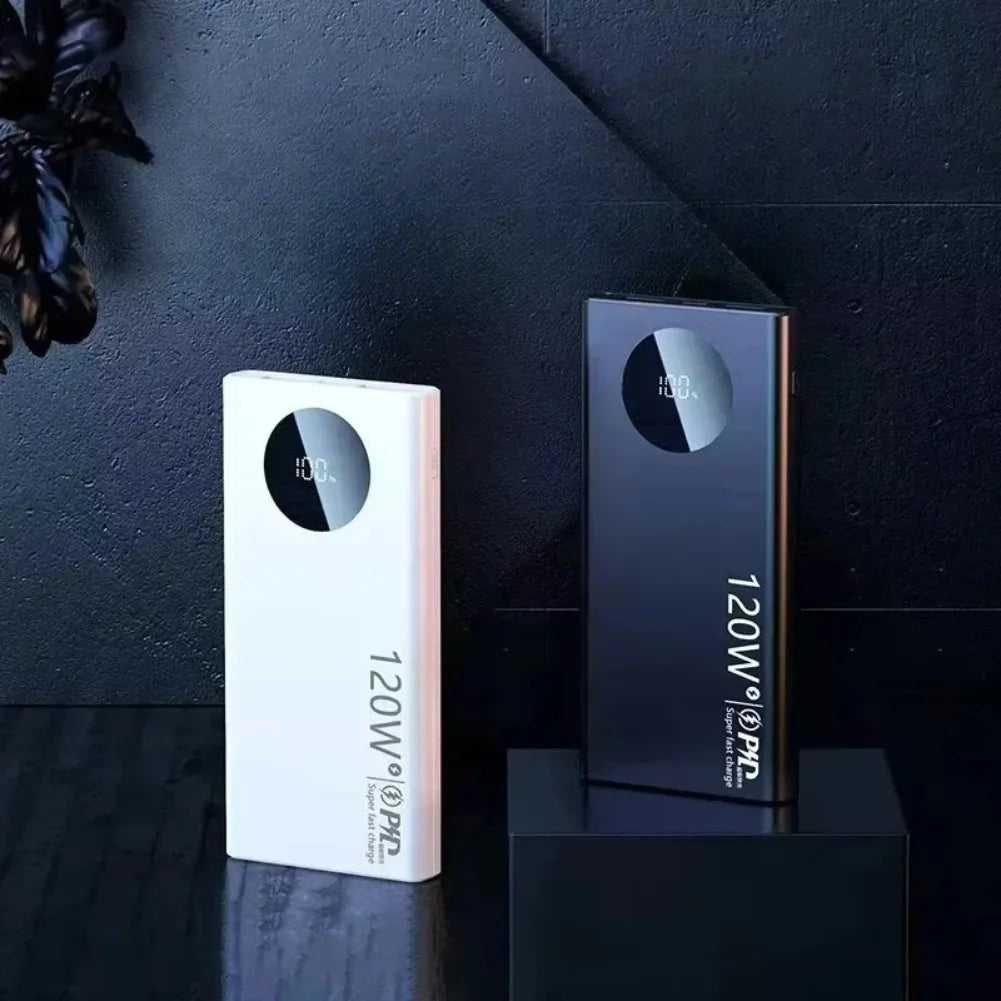 VIVO Power Bank 120W — Batterie externe USB-C Puissante en blanc et noir sur fond noir