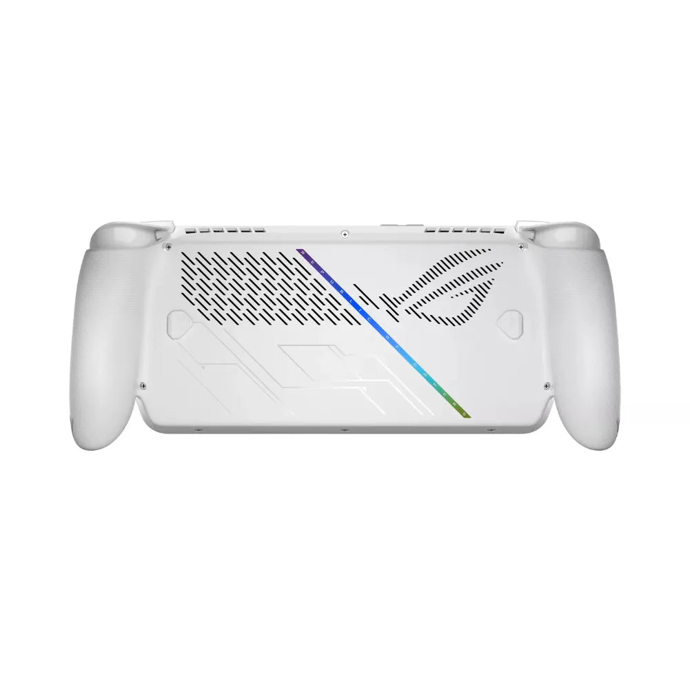 ROG Xbox Ally blanche – Console portable 7” 120 Hz VRR vue de dos, design ergonomique et moderne.