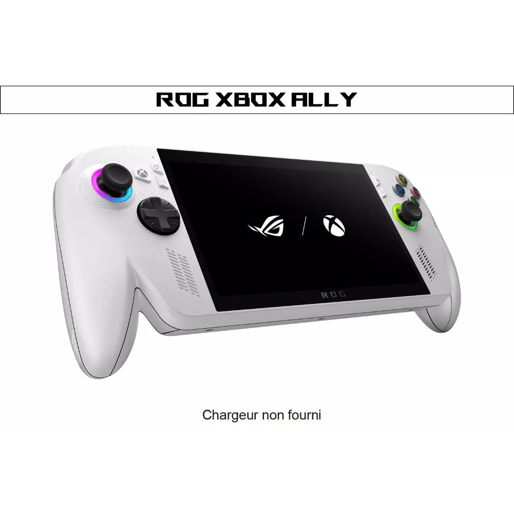 ROG Xbox Ally blanche – Console portable 7” 120 Hz VRR avec écran et contrôleurs.