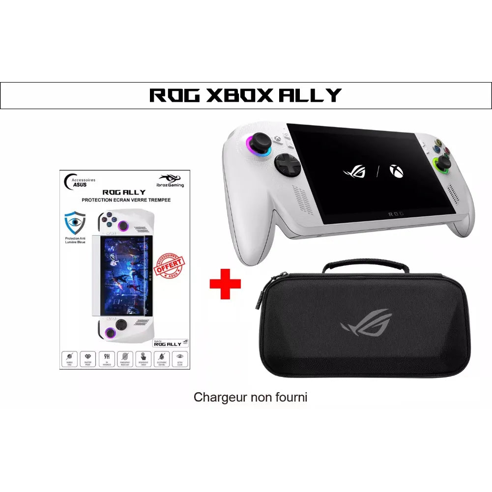 ROG Xbox Ally blanche – Console portable 7” 120 Hz VRR avec protection écran et étui.
