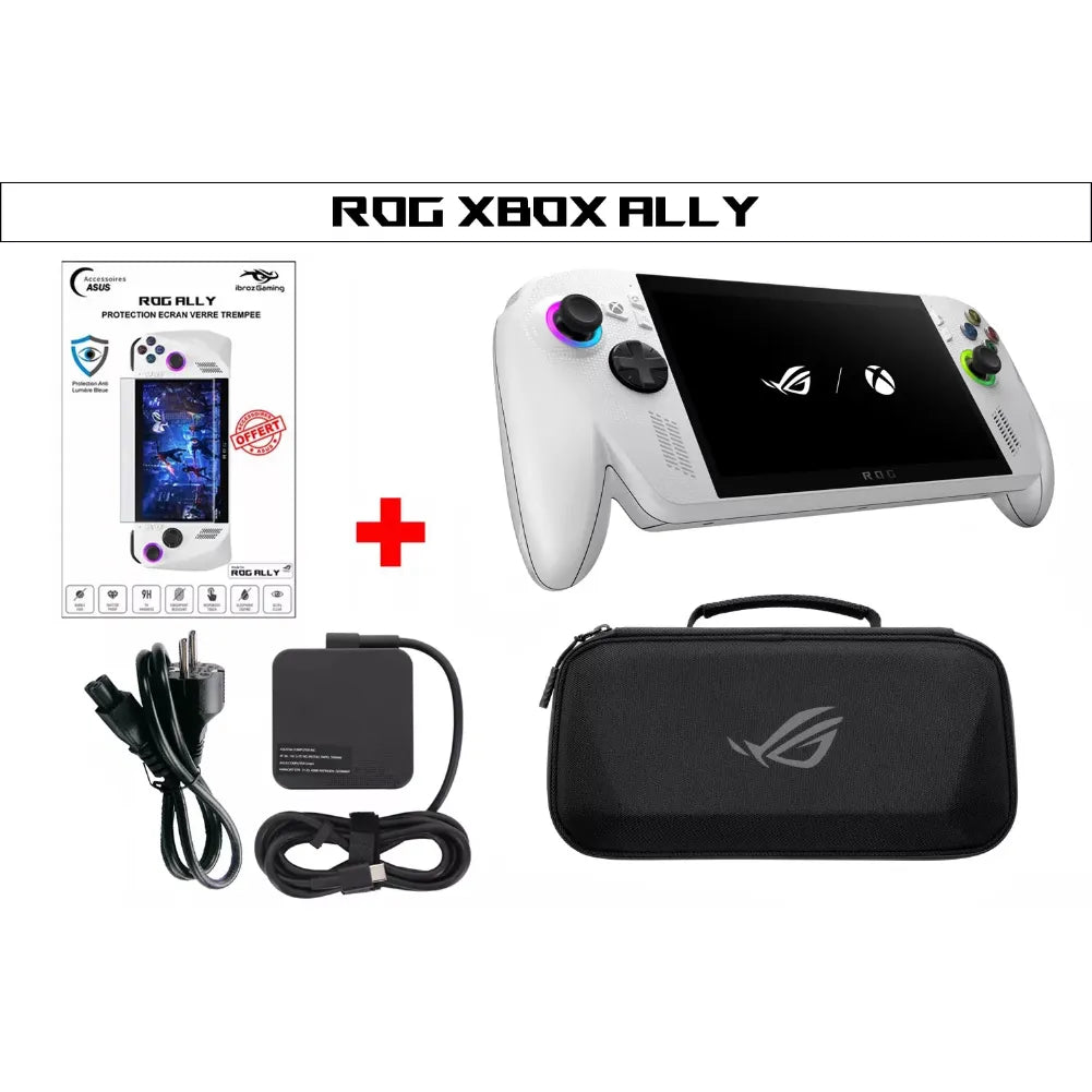 ROG Xbox Ally blanche – Console portable 7” 120 Hz VRR avec accessoires et étui de protection.