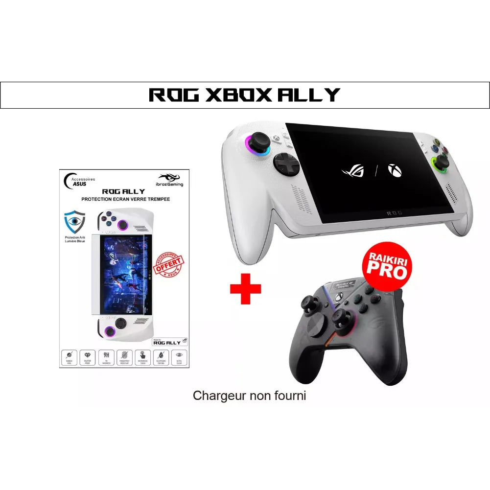 ROG Xbox Ally blanche – Console portable 7” 120 Hz VRR avec manette Raikiri Pro et protection d'écran en verre trempé.