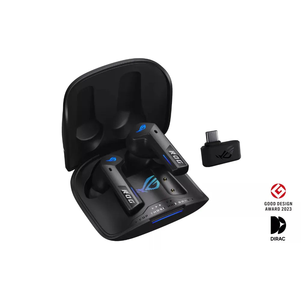 ROG Earbuds sans fil avec étui de chargement et adaptateur, design primé 2023.