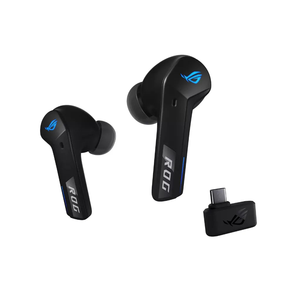 ROG Aero TWS - Écouteurs sans fil noirs avec boîtier de charge et logo ROG.
