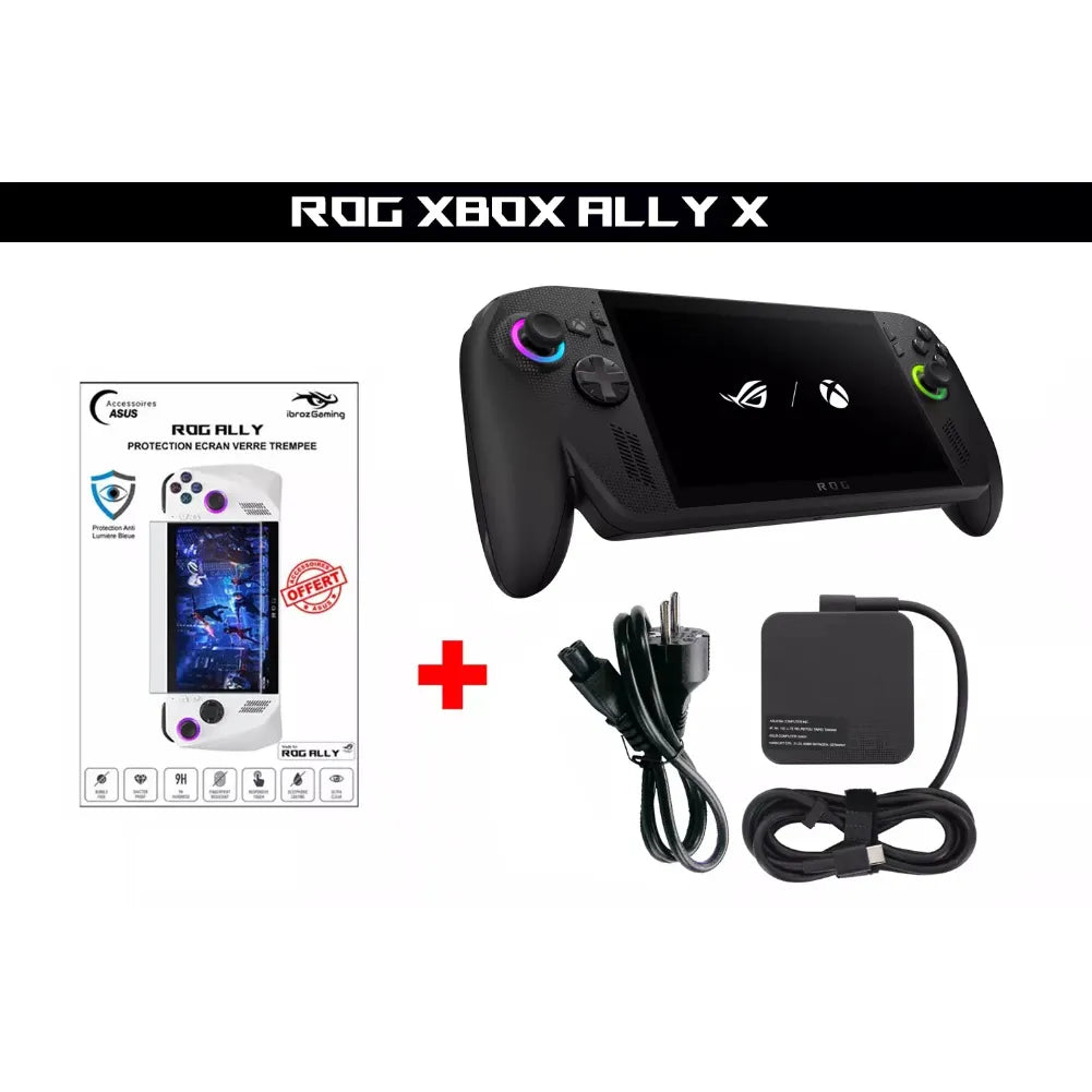 Image de la ROG Xbox Ally X – Console portable noire 120 Hz, VRR avec accessoires et protection.