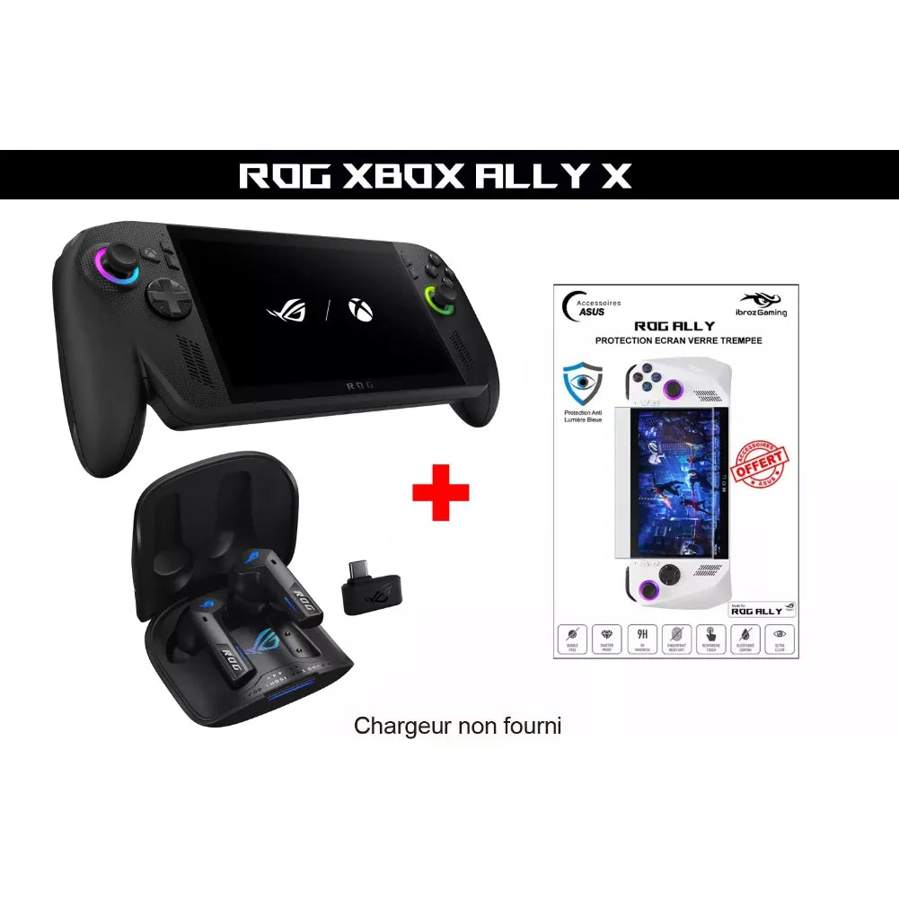 ROG Xbox Ally X – Console portable noire 120 Hz, VRR avec accessoire de protection écran et station de charge.