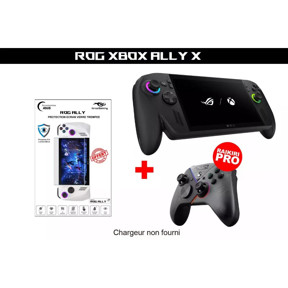 ROG Xbox Ally X – Console portable noire 120 Hz, VRR avec manette Raikiri Pro et protection écran.