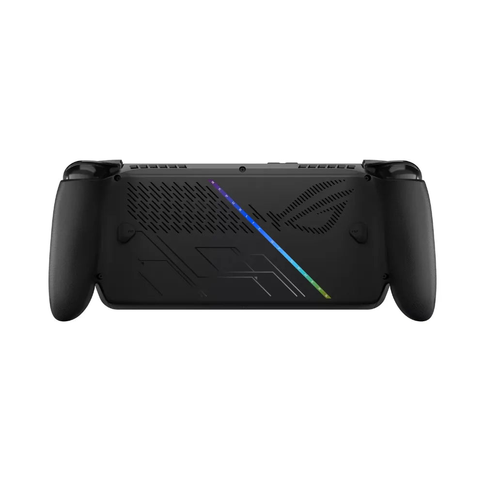 ROG Xbox Ally X – Console portable noire 120 Hz, VRR vue arrière avec manettes ergonomiques.