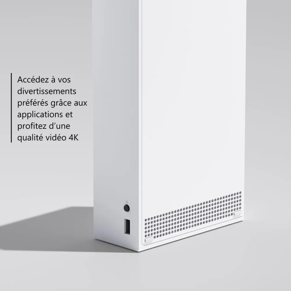 Console Xbox Series S 512 Go montrant l'accès aux applications et une qualité vidéo 4K.