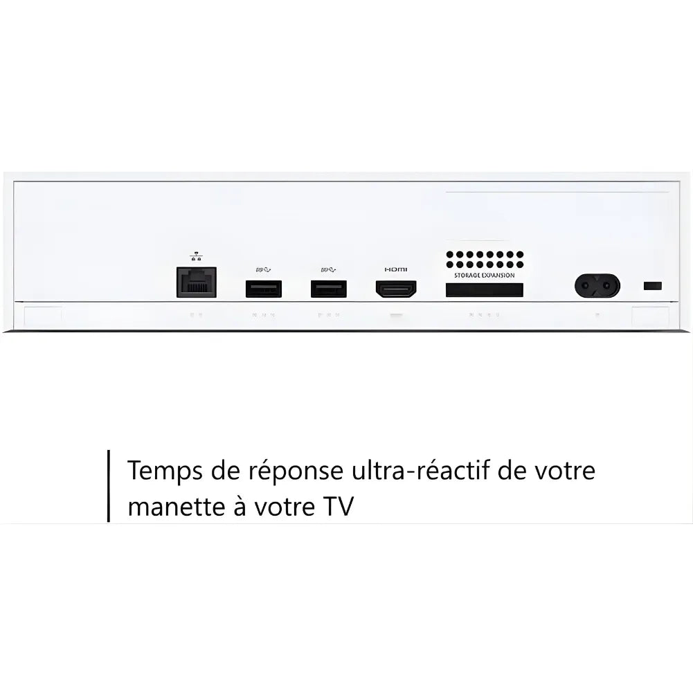 Vue arrière de la Xbox Series S 512 Go avec ports de connexion et temps de réponse ultra-réactif.