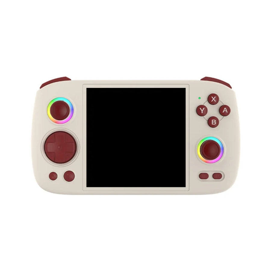 Grey Anbernic RG Cube, square screen and burgundy buttons