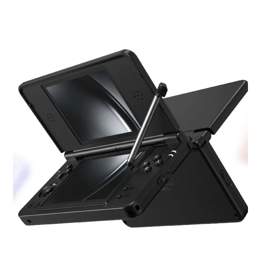 Anbernic RG DS Plus in Schwarz, aufgeklappte Doppelbildschirm-Konsole mit Stylus