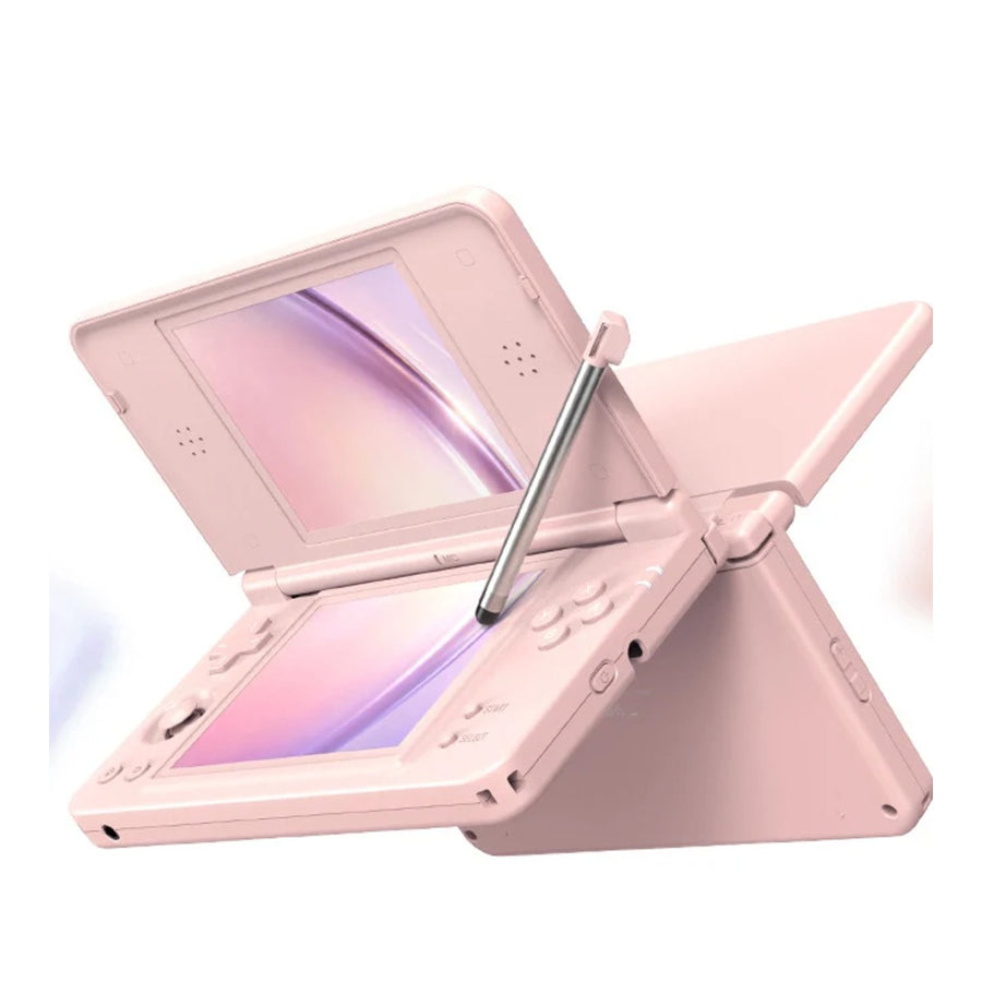Anbernic RG DS Plus in Rosa, aufgeklappte Doppelbildschirm-Konsole mit Stylus