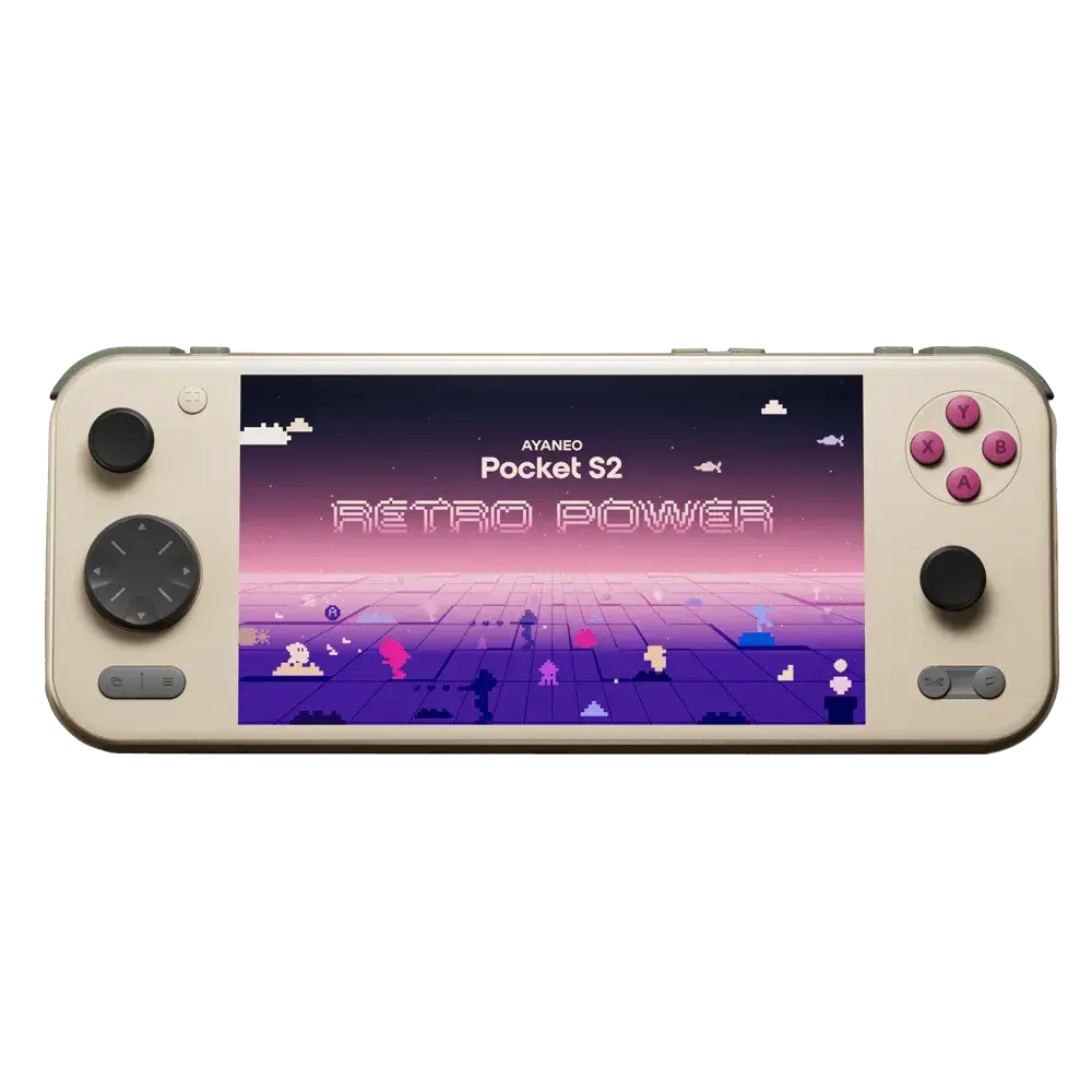 AYANEO Pocket S2 avec écran affichant 'RÉTRO POWER' sur fond coloré.