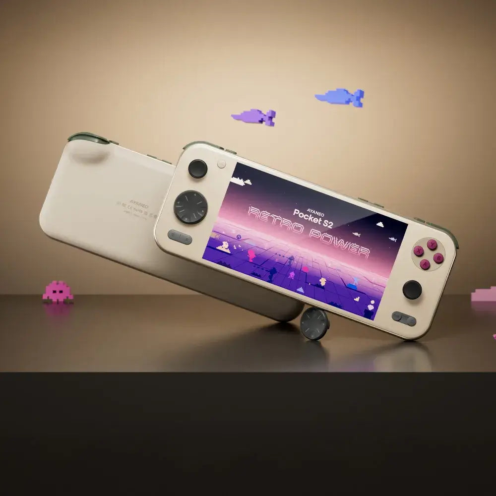 AYANEO Pocket S2 en position inclinée avec écran de jeu rétro et design moderne, console portable Android dédiée au gaming.