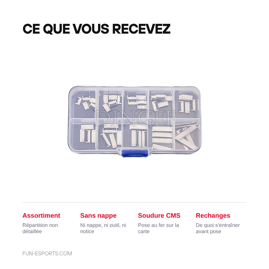 Ce que vous recevez — Connecteurs FFC / FPC 0,5 mm à rabat — lot de 50, 6 à 40 broches