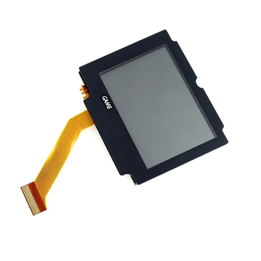 Bloc écran Game Boy Advance SP de trois quarts, encoches de fixation et nappe déroulée