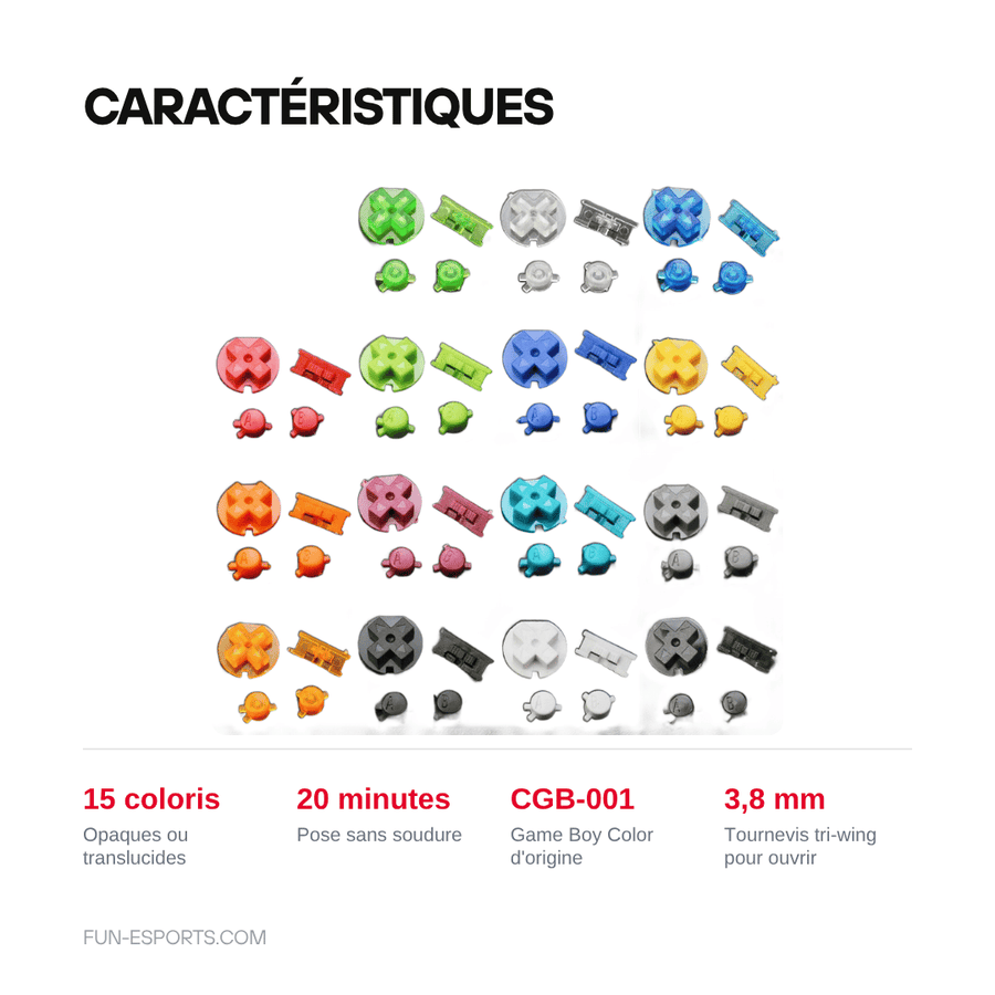 Caractéristiques — Jeu de boutons Game Boy Color — A/B, croix, Start/Select, 15 coloris