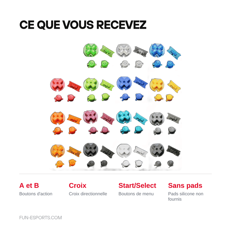 Ce que vous recevez — Jeu de boutons Game Boy Color — A/B, croix, Start/Select, 15 coloris