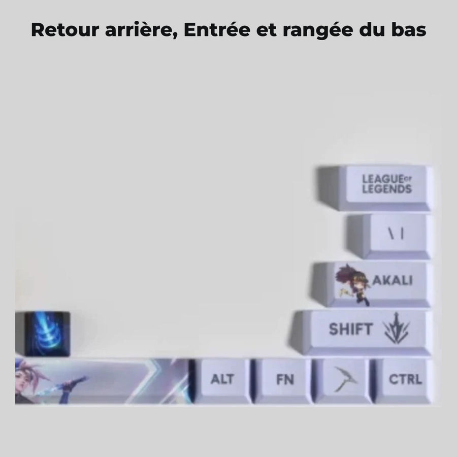Akali League of Legends keycaps — detail: Backspace, Enter and bottom row