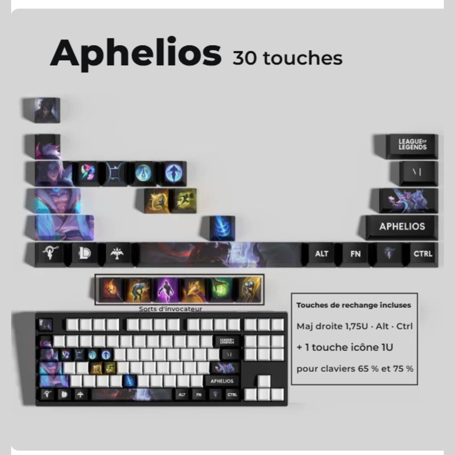 Aphelios League of Legends keycaps — 30-key set with spare keys