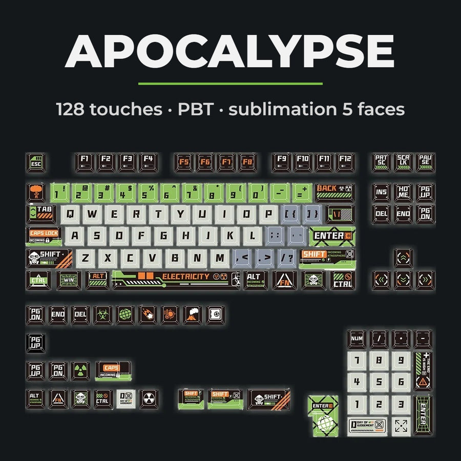 Apocalypse keycaps — full 128-key PBT set in green, black and grey