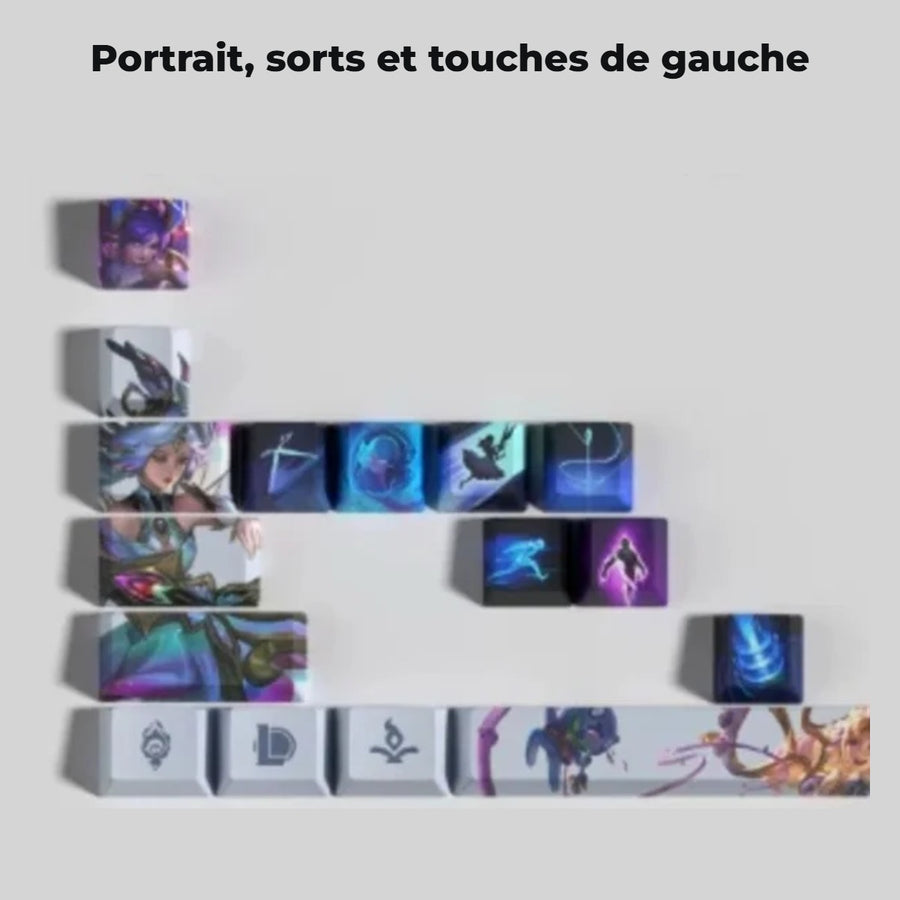 Gwen League of Legends keycaps — detail: portrait, spells and left-hand keys