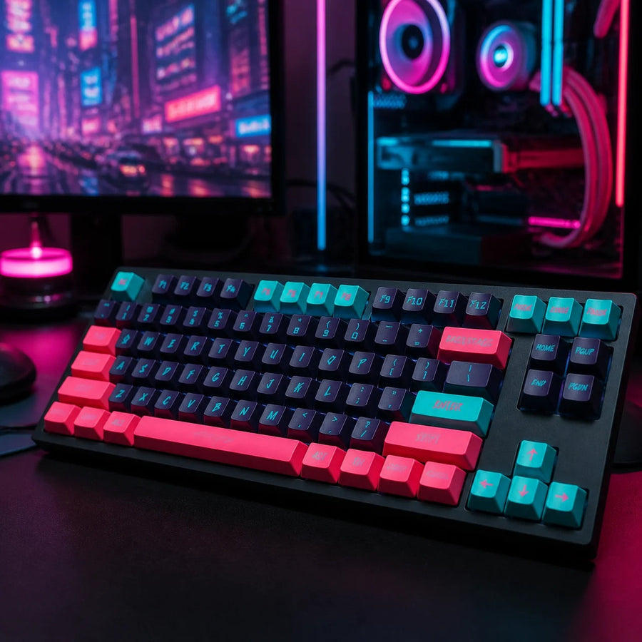 Neonpinke und cyanfarbene Keycaps auf einer mechanischen Tastatur vor einem RGB-Gaming-PC