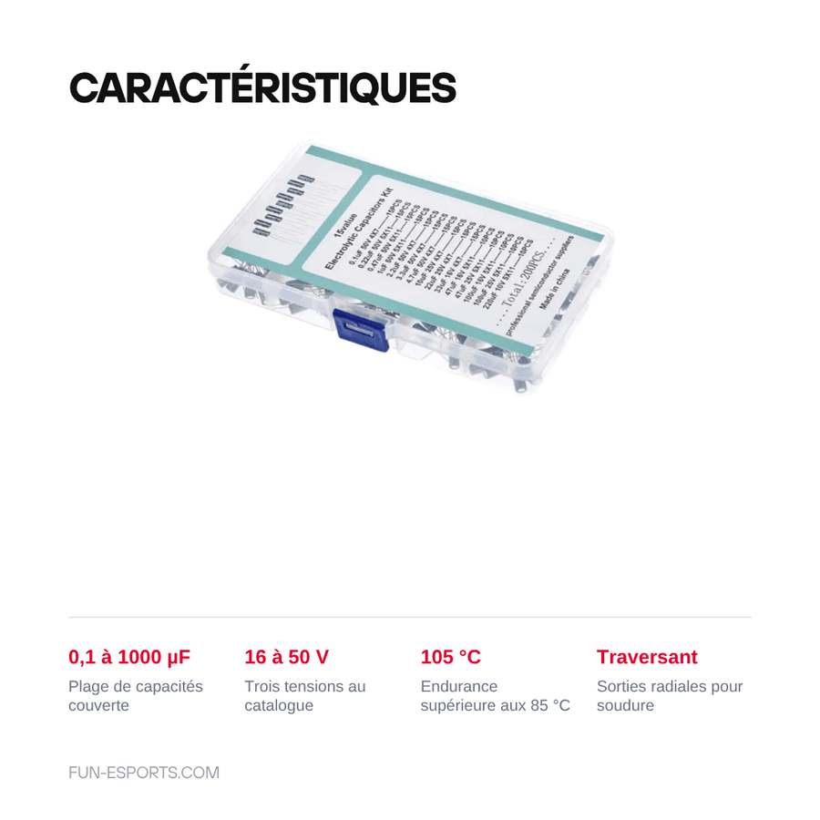 Caractéristiques — Kit de condensateurs électrolytiques 16-50 V — recap rétro traversant