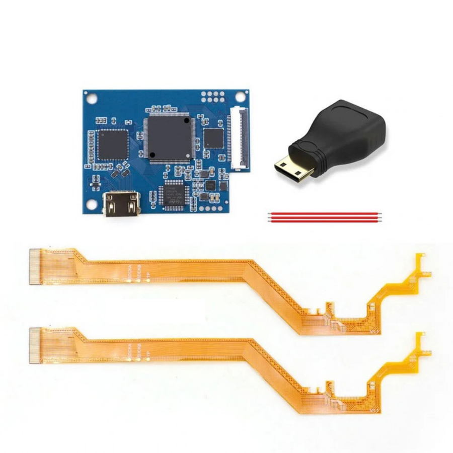 Internes HDMI-Kit von Hispeedido für Dreamcast, Variante mit 2 Flachbandkabeln: HDMI-Platine, Mini-HDMI-Adapter, Drähte und zwei Flachbandkabel