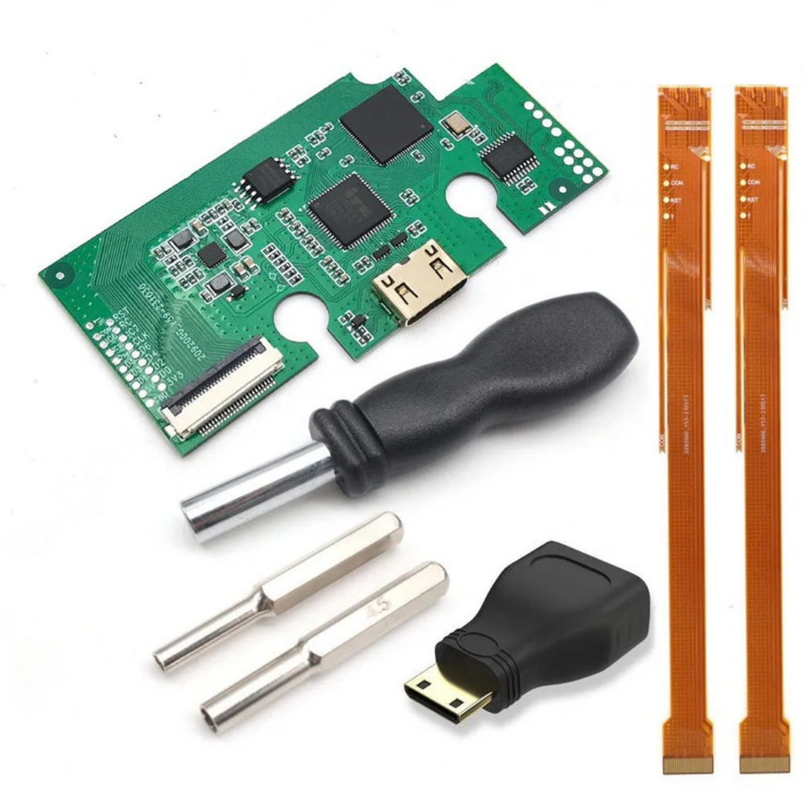 Internes HDMI-Kit von Hispeedido für N64, Variante 2 mit 2 Flachbandkabeln: HDMI-Platine, Schraubendreher, Bits, Mini-HDMI-Adapter und zwei Flachbandkabel