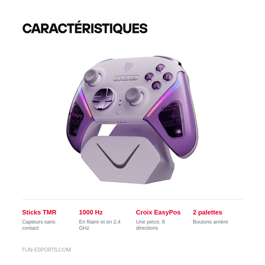 Caractéristiques de la manette EasySMX D10 : sticks TMR sans contact, 1000 Hz en filaire et en 2,4 GHz, croix EasyPos d'une pièce et deux palettes arrière