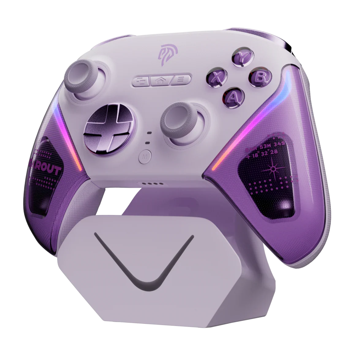 Manette EasySMX D10 Violet : TMR sticks, dock, 1000Hz sur support, avec touches et accents violets.