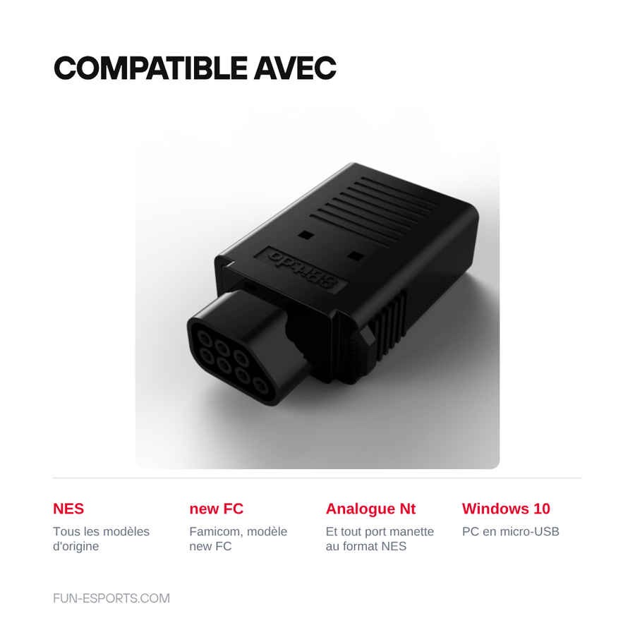 Compatibilite du recepteur Bluetooth 8BitDo pour NES : NES d'origine, Famicom new FC, Analogue Nt et PC Windows 10