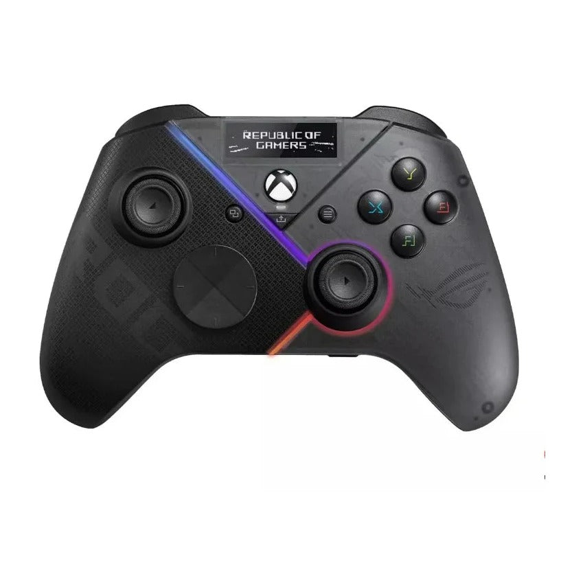 Manette ROG Raikiri Pro avec écran OLED, compatible Xbox et PC, boutons personnalisables et design ergonomique.