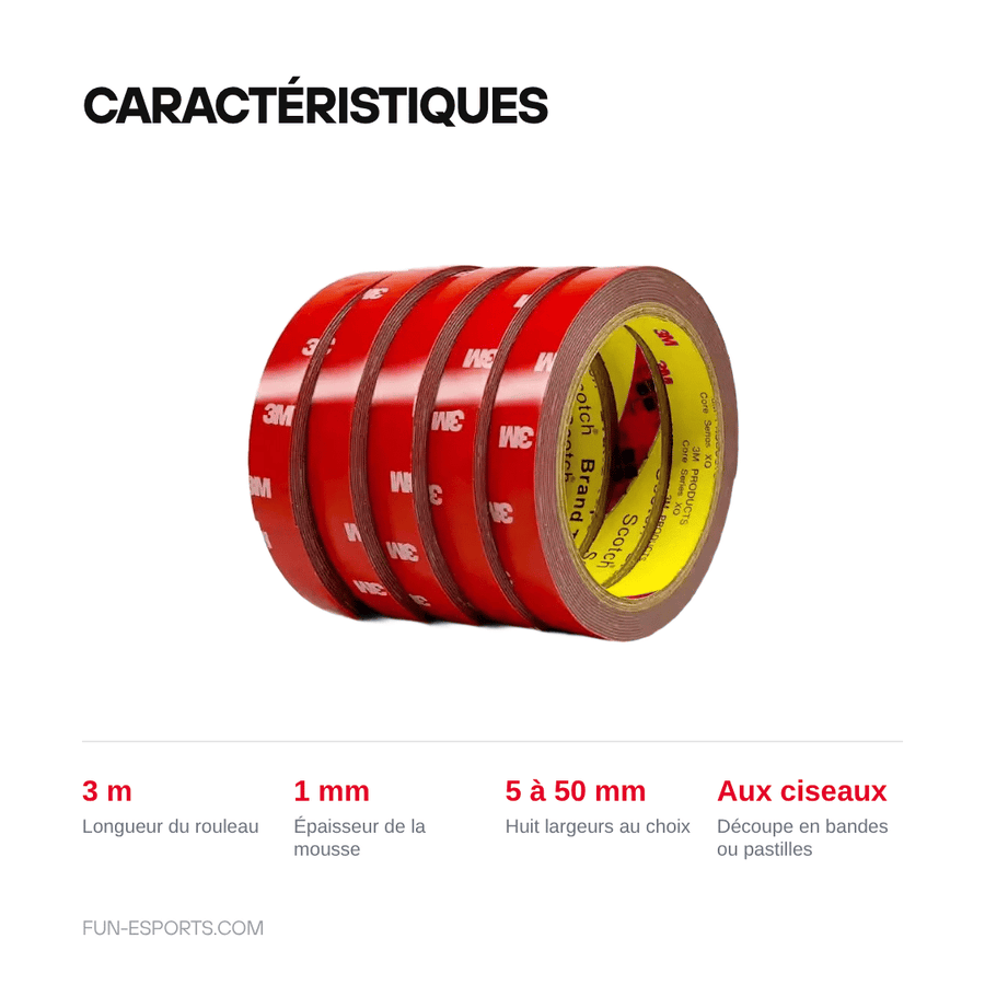 Caractéristiques — Ruban adhésif double face mousse pour modding — 3 m, 1 mm