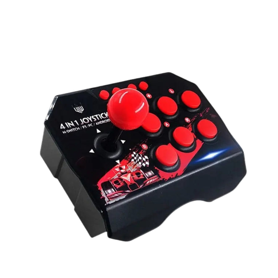 Black and red Gaminja NS002 arcade stick, ball-top lever and six buttons, three-quarter view
