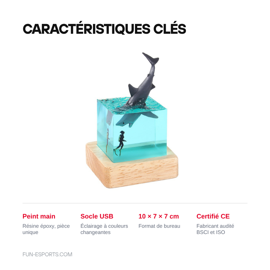 Caractéristiques clés de la veilleuse cube en résine scène océan : peint main, socle USB, 10 x 7 x 7 cm, certifié CE