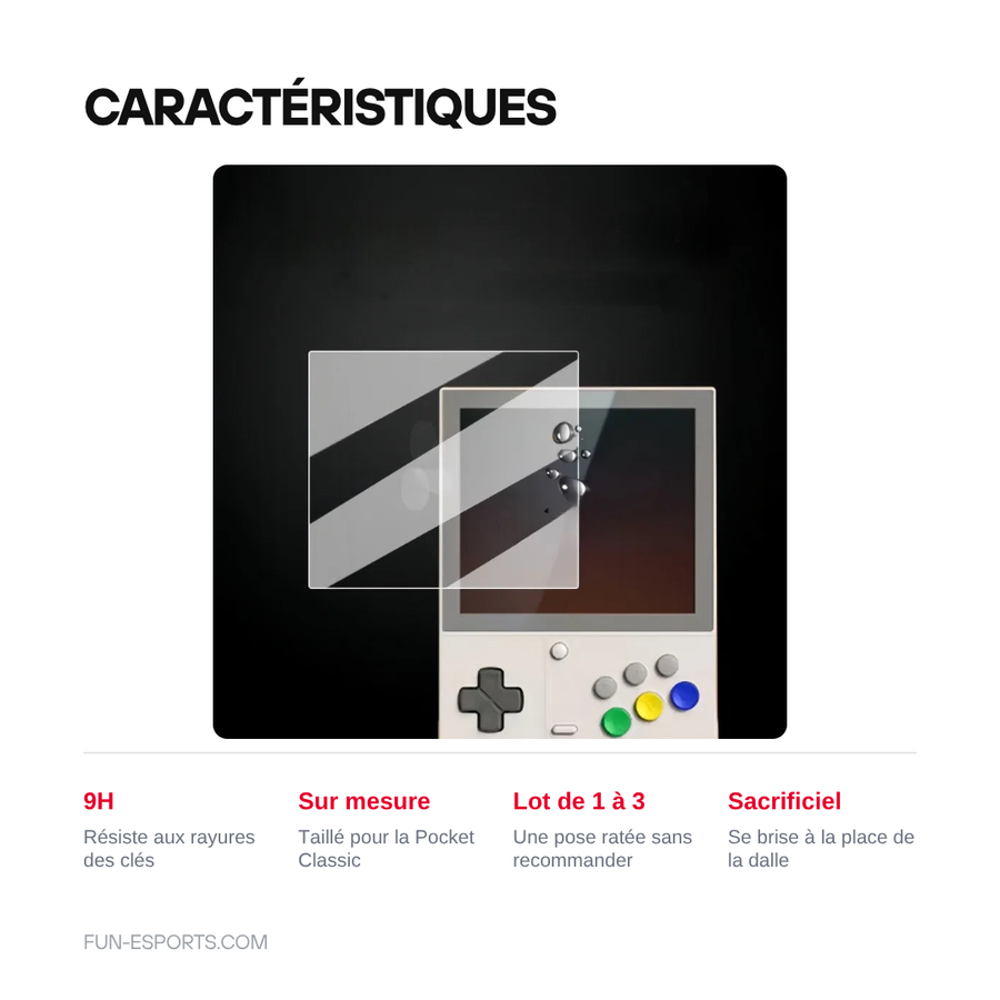 Caractéristiques du verre trempé Retroid Pocket Classic : dureté 9H, découpe dédiée, lot de 1 à 3