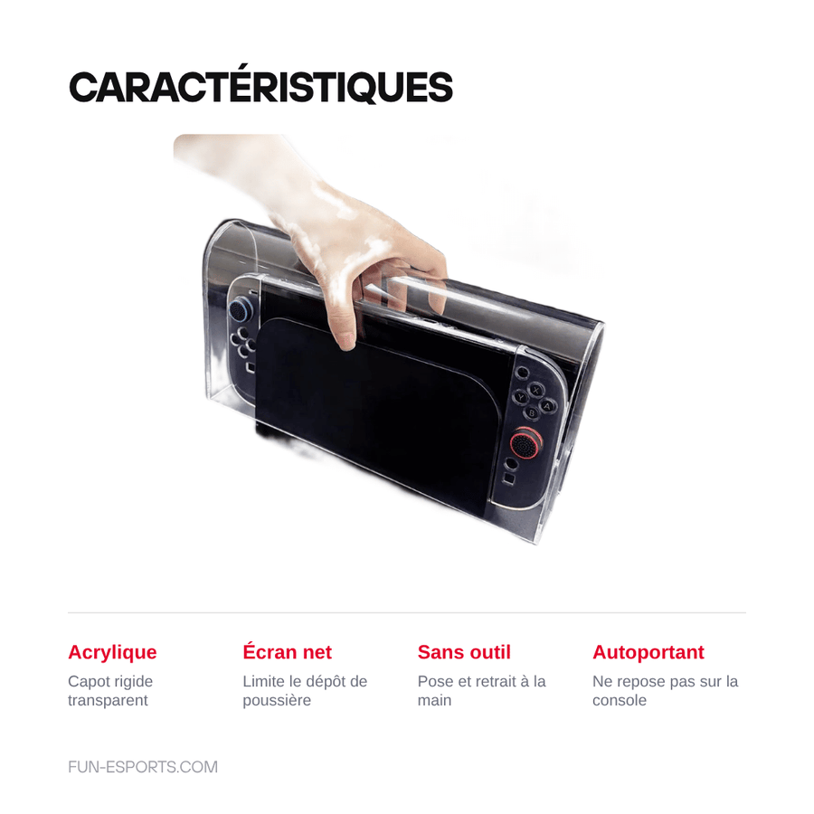 Caractéristiques — Vitrine acrylique pour Switch 2 — couvercle anti-poussière transparent