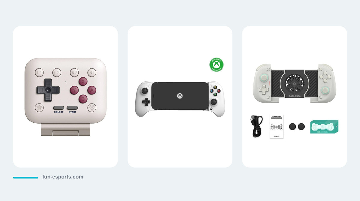 Trois manettes pour smartphone : 8BitDo FlipPad, manette mobile Ultimate et manette télescopique